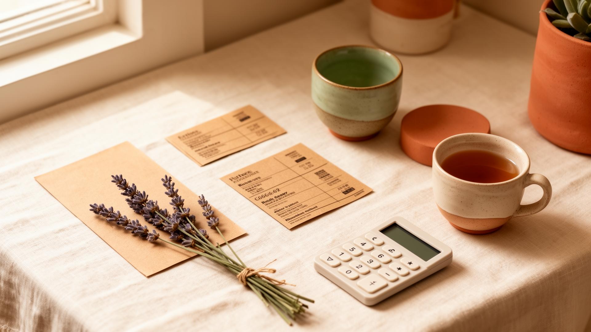 A maker's desk with handmade ceramics, lavender, kraft shipping labels and a small calculator in warm window light
